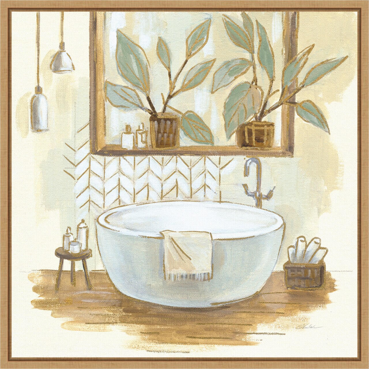 Sage Bathroom I by Silvia Vassileva 16-in. W x 16-in. H. Canvas Wall Art Print Framed in Natural